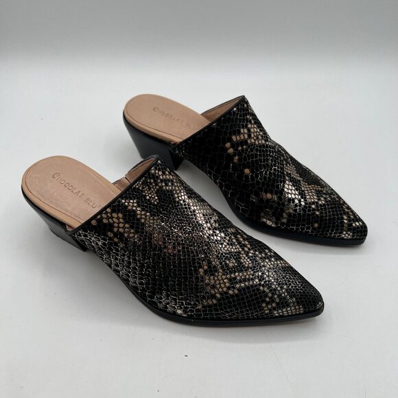 Chocolat Blu Women's Leather CLINT Black & Gold Snakeskin Print Mules Size 36 - Picture 1 of 7